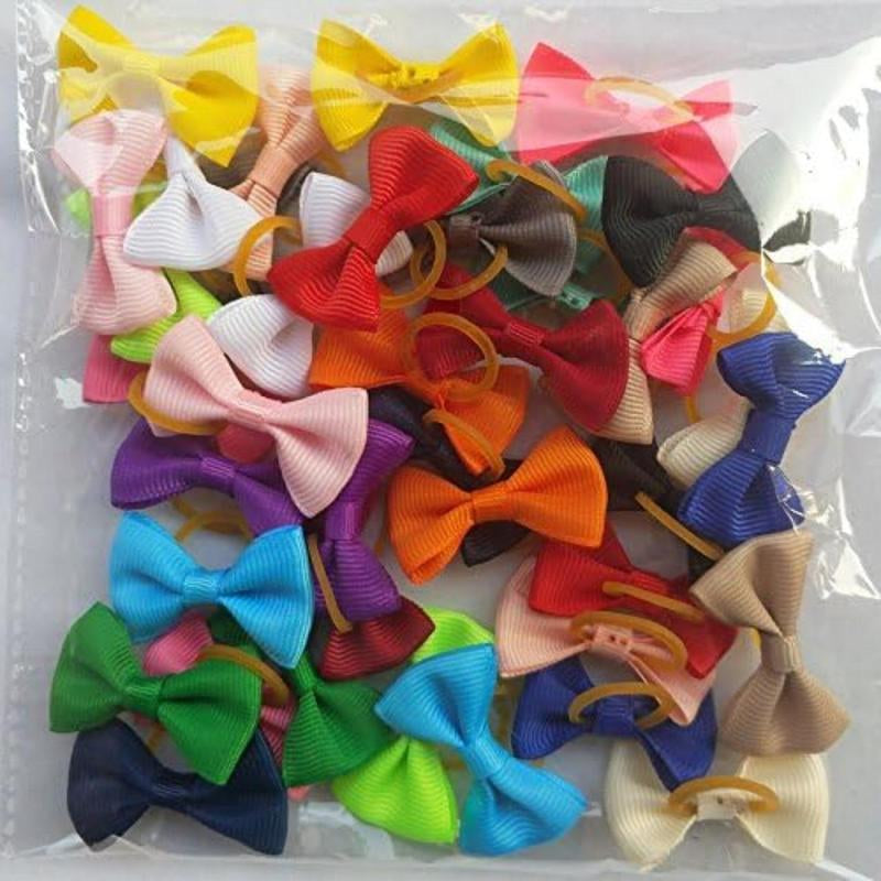 40Pcs(20Pairs) Puppy Yorkie Dog Hair Bow Pure Ribbon with Rubber Band 40Mm Pet Grooming Products Mix Colors Varies Patterns Pet Hair Bows (Pure Ribbon Rubber Bow)