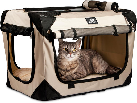 Large Cat & Dog Carrier for 2 Cats or Medium Dogs, Soft-Sided, Collapsible with Locking Zippers, Portable Travel Bag with Soft Bed, Tan