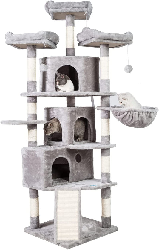 XL Size Cat Tree, 73.4 Inch Cat Tower with 3 Caves, 3 Cozy Perches, Scratching Posts, Board, Activity Center Stable for Kitten/Gig Cat, Light Gray MPJ032W