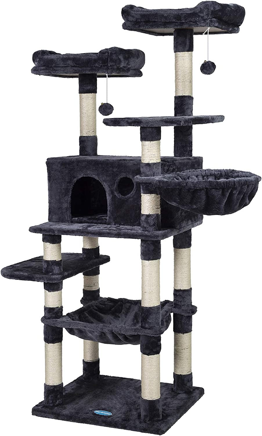 Cat Tree for Large Cats, Cat Tower with Scratching Posts, 2 Padded Plush Perches, Big Condo and Cozy Basket, Smoky Gray MPJ025G