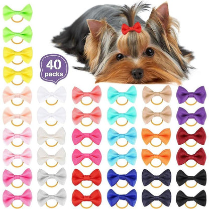 40Pcs(20Pairs) Puppy Yorkie Dog Hair Bow Pure Ribbon with Rubber Band 40Mm Pet Grooming Products Mix Colors Varies Patterns Pet Hair Bows (Pure Ribbon Rubber Bow)