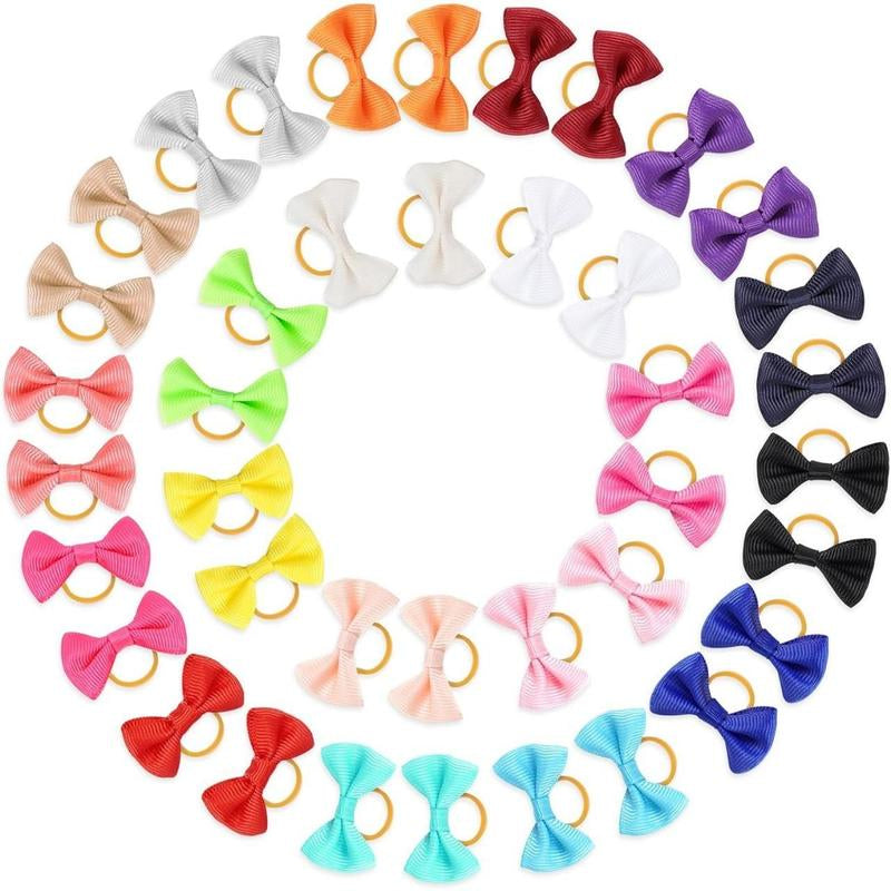 40Pcs(20Pairs) Puppy Yorkie Dog Hair Bow Pure Ribbon with Rubber Band 40Mm Pet Grooming Products Mix Colors Varies Patterns Pet Hair Bows (Pure Ribbon Rubber Bow)