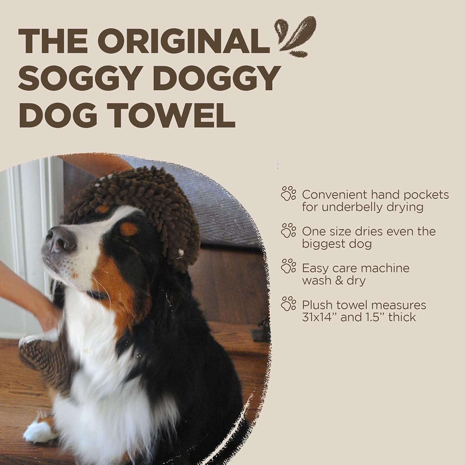 Soggy Doggy Super Shammy Dog Towel, Washable Microfiber Dog Towels for Drying Dogs and Cleaning Paws, Fast-Drying Dog Bath Towel with Hand Pockets, Dark Chocolate/Oatmeal Trim, 31 X 14 Inches