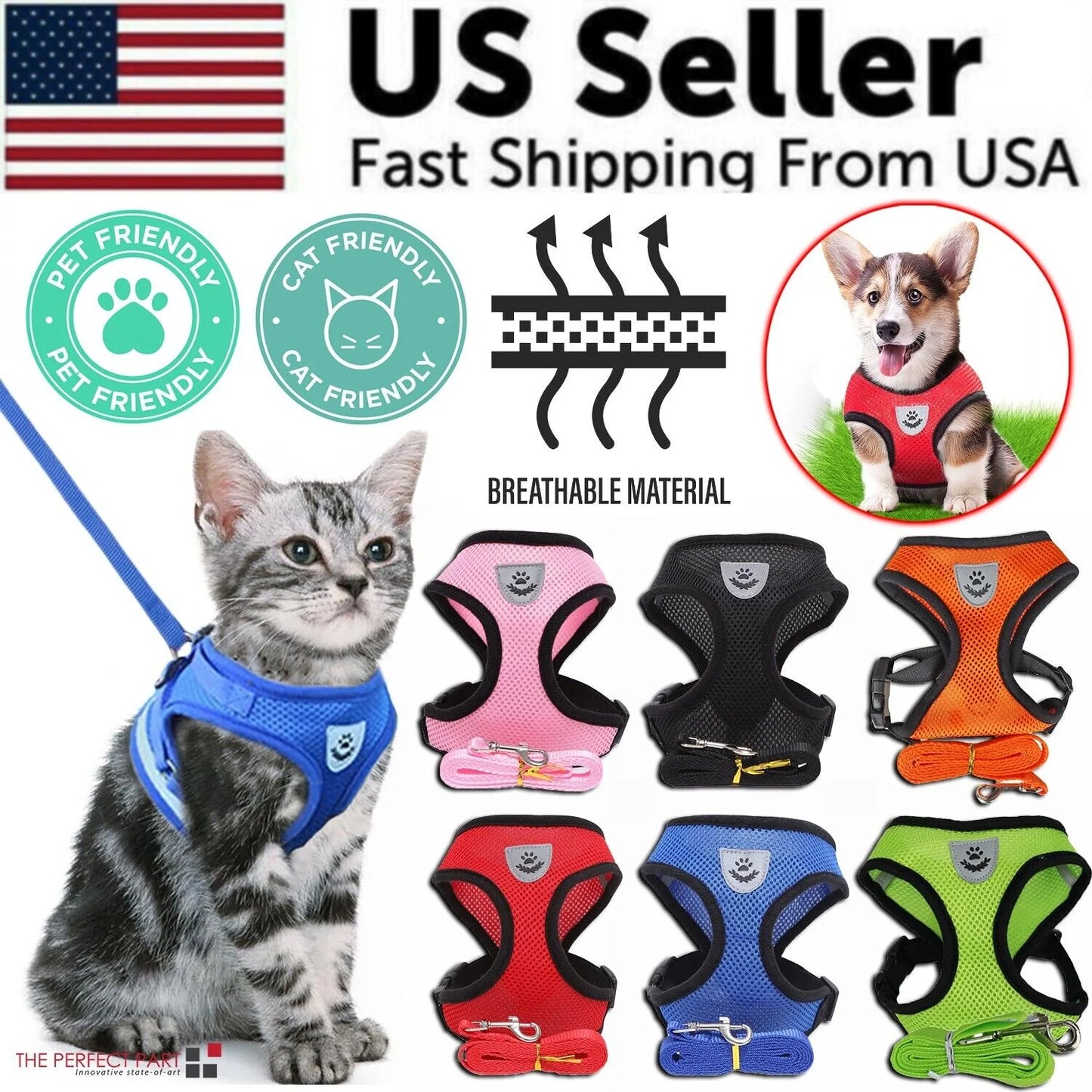 Cat Dog Pet Harness Adjustable Control Vest Dogs Reflective S M L XL Leash