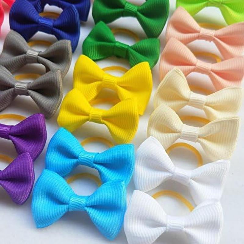 40Pcs(20Pairs) Puppy Yorkie Dog Hair Bow Pure Ribbon with Rubber Band 40Mm Pet Grooming Products Mix Colors Varies Patterns Pet Hair Bows (Pure Ribbon Rubber Bow)