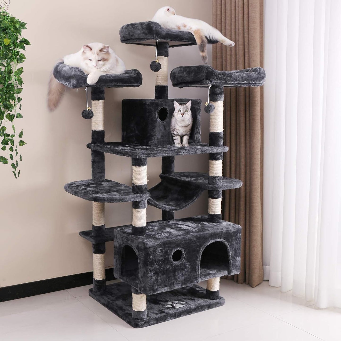 Large Cat Tree Condo with Sisal Scratching Posts Perches Houses Hammock, Cat Tower for Indoor Cats Furniture Kitty Activity Center Kitten Play House Grey MMJ03B