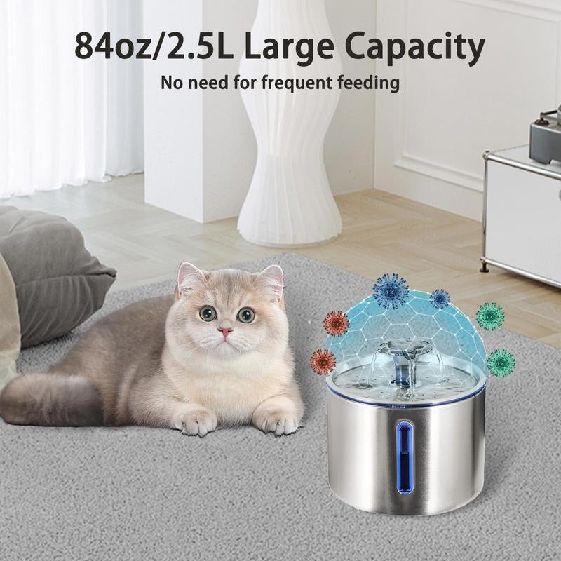 84Oz/2.5L Stainless Steel Cat Water Fountain, Automatic Circulating Filter Cat Water Fountain, Summer Pet Fountain for Indoor, Pet Products, Petkit Automatic Feeder, Cat Stuff