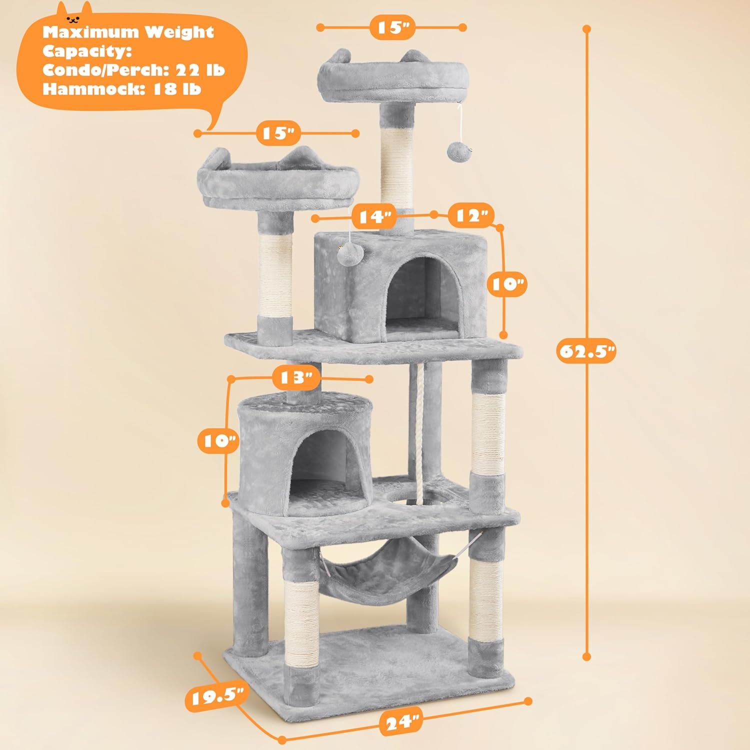 62.2Inches Cat Tree Cat Towers Cat Condo with Platform & Hammock, Scratching Posts for Kittens Pet Play House with Plush Perch for Indoor Activity Relaxing