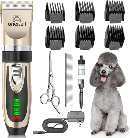 Dog Clippers Low Noise, 2-Speed Quiet Dog Grooming Kit Rechargeable Cordless Pet Hair Clipper Trimmer Shaver for Small and Large Dogs Cats Animals (Gold)