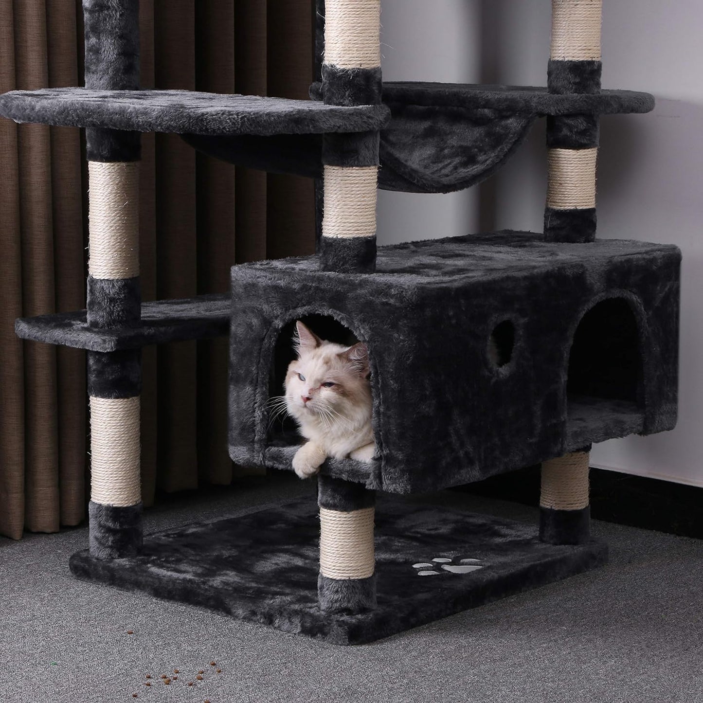 Large Cat Tree Condo with Sisal Scratching Posts Perches Houses Hammock, Cat Tower for Indoor Cats Furniture Kitty Activity Center Kitten Play House Grey MMJ03B