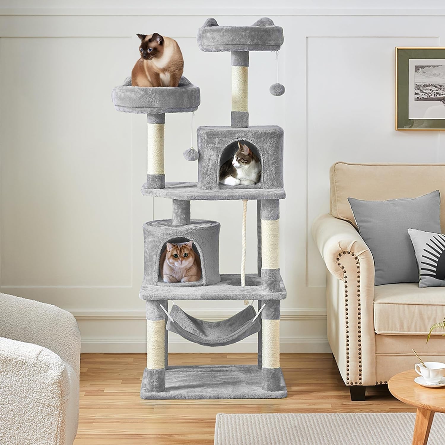 62.2Inches Cat Tree Cat Towers Cat Condo with Platform & Hammock, Scratching Posts for Kittens Pet Play House with Plush Perch for Indoor Activity Relaxing